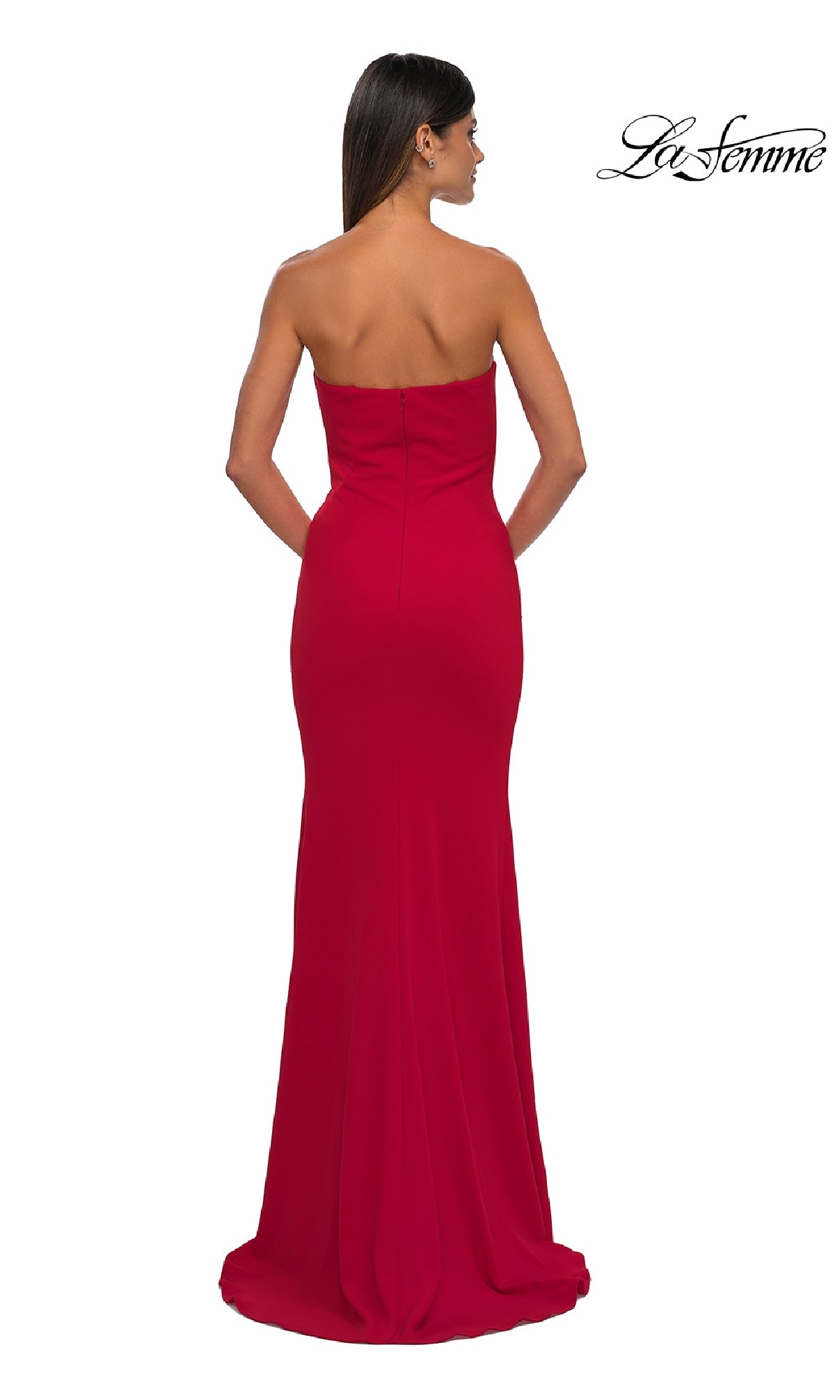 A woman with long straight hair models the Strapless Sweetheart Prom Dress: La Femme 32919 in red, shown from the back; the La Femme logo appears in the top right corner.
